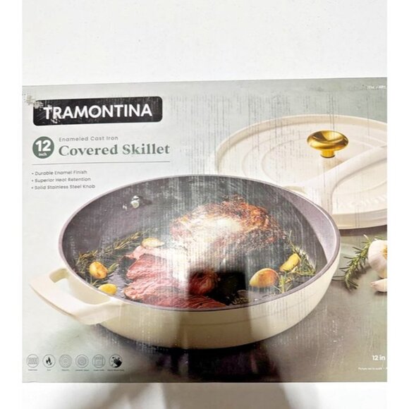 Tramontina 12" Enameled Cast Iron Skillet with Lid White - Picture 1 of 6